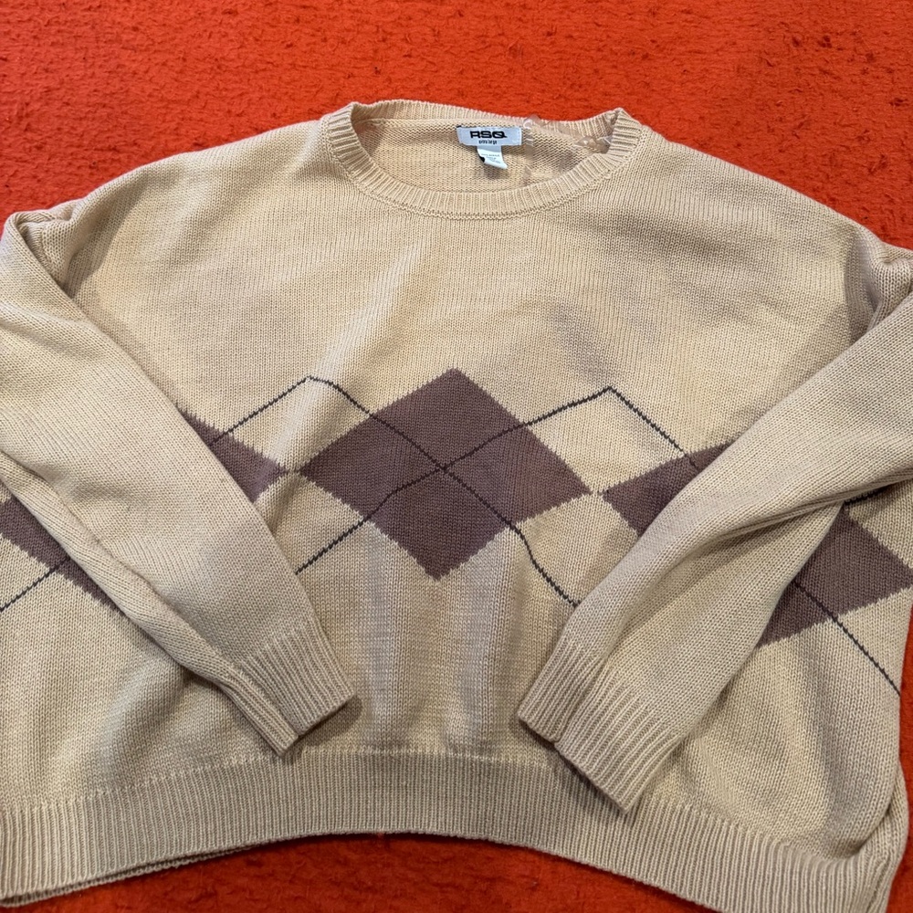 RSQ Cream and Brown Crewneck Sweater with Argyle Pattern Cropped